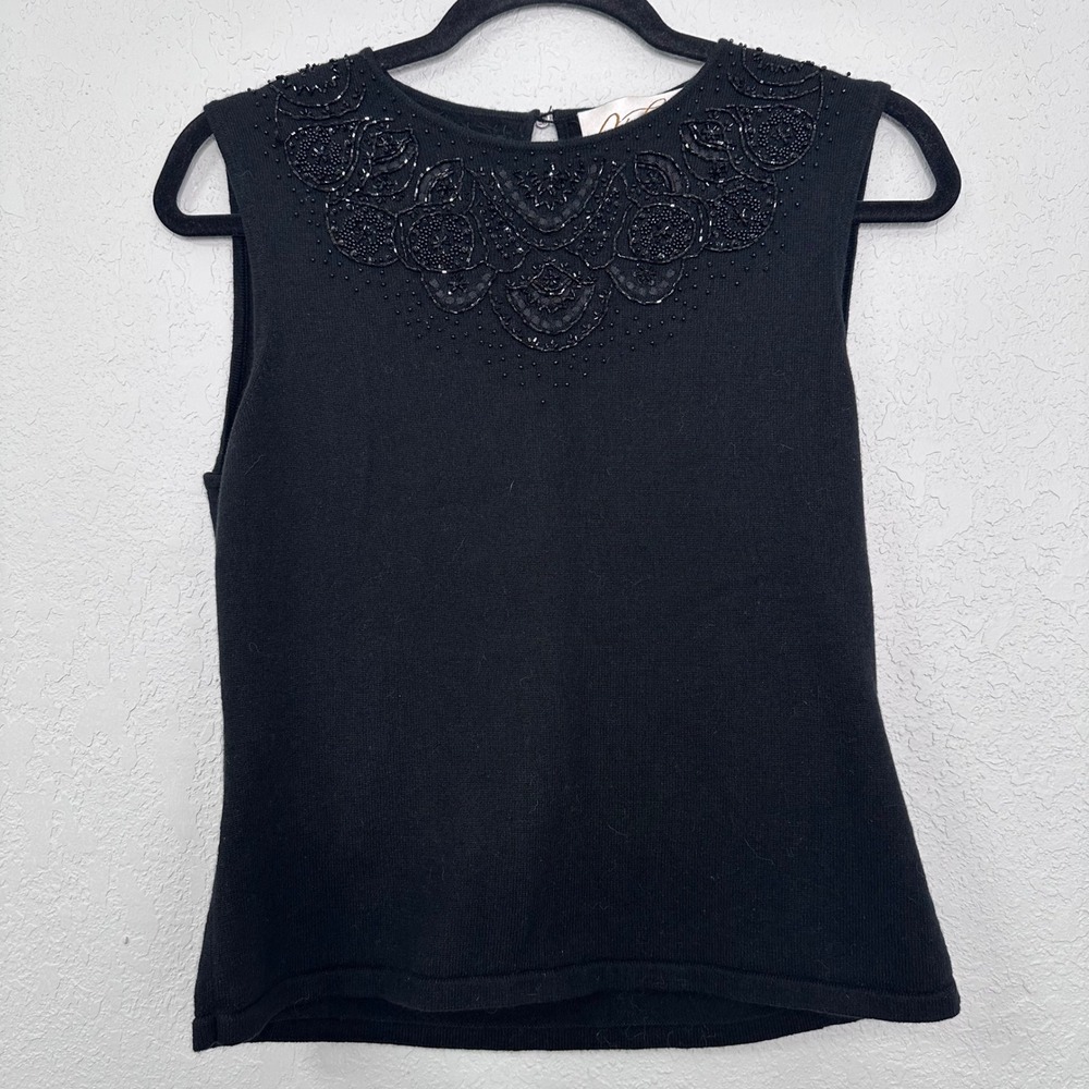 Rickie Freeman Teri Jon Nites Black Beaded Sweater Tank Top L Silk Cashmere - Picture 1 of 6